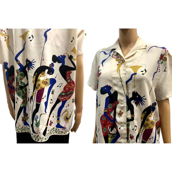 80s Rayon Shirt Colorful African Dancers Print | Women Short Sleeve | In Wear - Picture 6 of 10